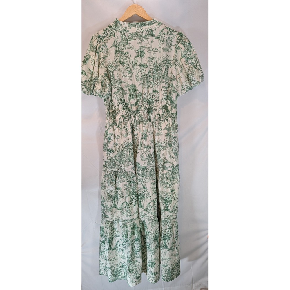 Jodifl Green Toile de Jouy Jungle Print Tiered Maxi Dress Smocked Waist Large - Picture 2 of 4